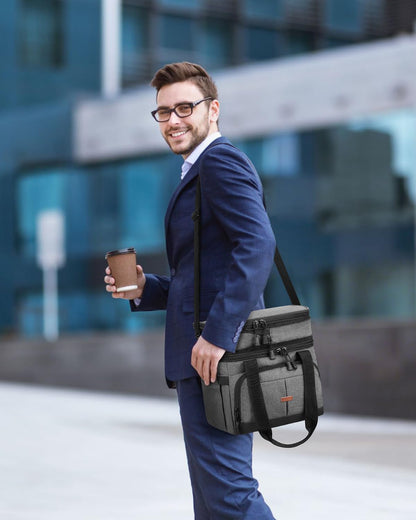 Pritent Lunch Box For Men Women Double Deck Insulated Lunch Bag For Men Woman Leakproof Expandable Cooler Bag with Adjustable Shoulder Strap for Kids Shool Work Picnic Camping(Beige,Large)