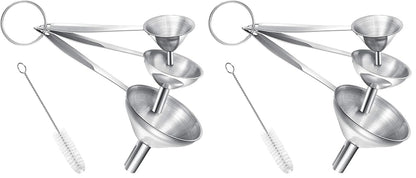 Small Funnels for Filling Bottles, 3 Pcs Stainless Steel Kitchen Funnel Set, Food Grade Mini Metal Funnel for Transferring Oil Liquid, Easy Cleaning with a Brush (Long Handle)