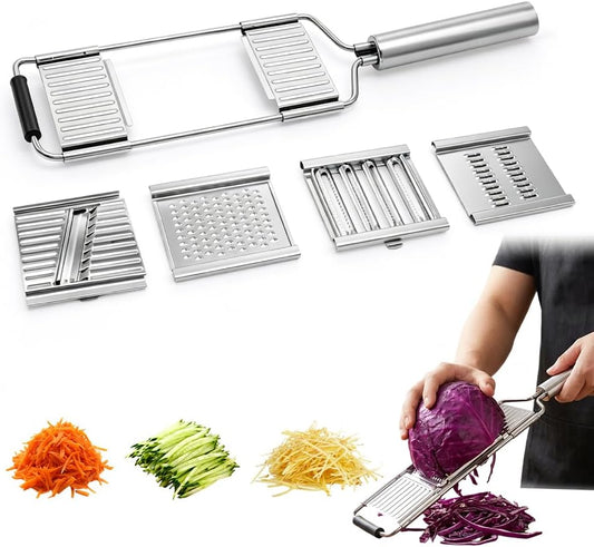 4-in-1 Vegetable Slicer, Handheld Mandoline Cutter with Stainless Steel Guard, Adjustable Thickness Onion Slicer, Sharp Veggie Shredder for Kitchen Fruit Cutting, Silver