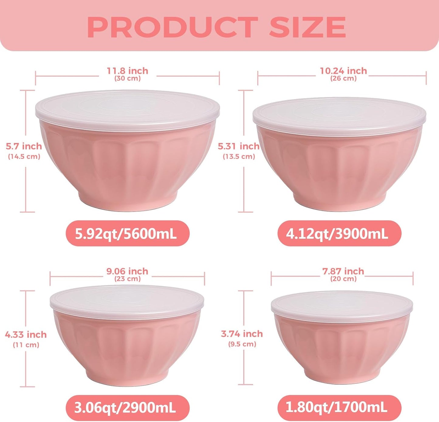 BoxedHome BPA Free Plastic Round Mixing Bowl with Lids, 12 Pack Nesting Bowls with Lids Set, Microwave and Dishwasher Safe Prep & Serving Bowls Great for Mixing, Baking, Serving (pinkish green, 12pcs)