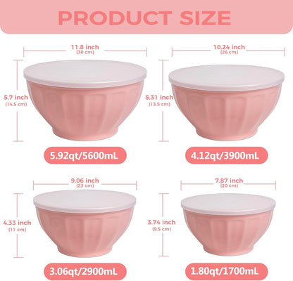 BoxedHome BPA Free Plastic Round Mixing Bowl with Lids, 12 Pack Nesting Bowls with Lids Set, Microwave and Dishwasher Safe Prep & Serving Bowls Great for Mixing, Baking, Serving (pinkish green, 12pcs)