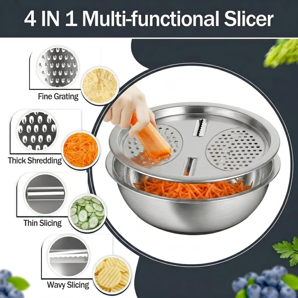 3 Pcs Multifunctional Stainless Steel Grater Bowl Set, 30 cm/11.8 in Large Mixing Basin, Colander for Kitchen Food Prep, Versatile Grater Lid, Induction Cooktop Compatible