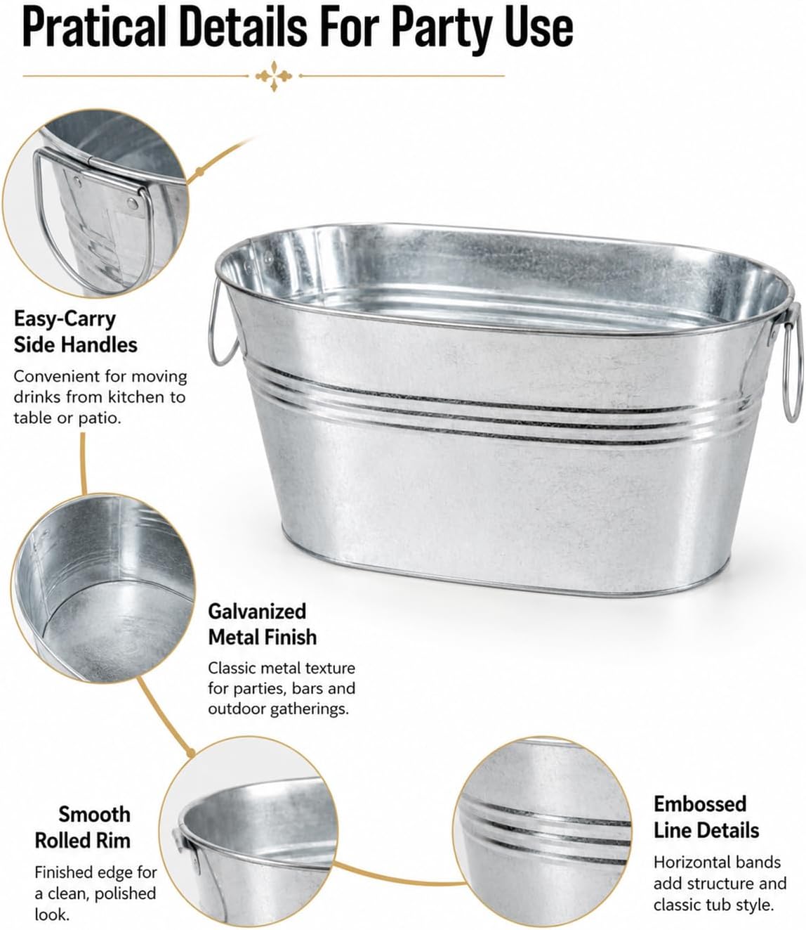 2 Pack 3 Gallon Galvanized Tub Ice Bucket, 15x7x6.5" Metal Drink Buckets for Parties, Leak-Proof Beer Beverage Tubs with Handles for Champagne Wine Mimosa Bar Supplies (White)