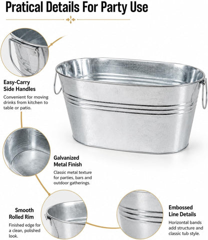 2 Pack 3 Gallon Galvanized Tub Ice Bucket, 15x7x6.5" Metal Drink Buckets for Parties, Leak-Proof Beer Beverage Tubs with Handles for Champagne Wine Mimosa Bar Supplies (White)
