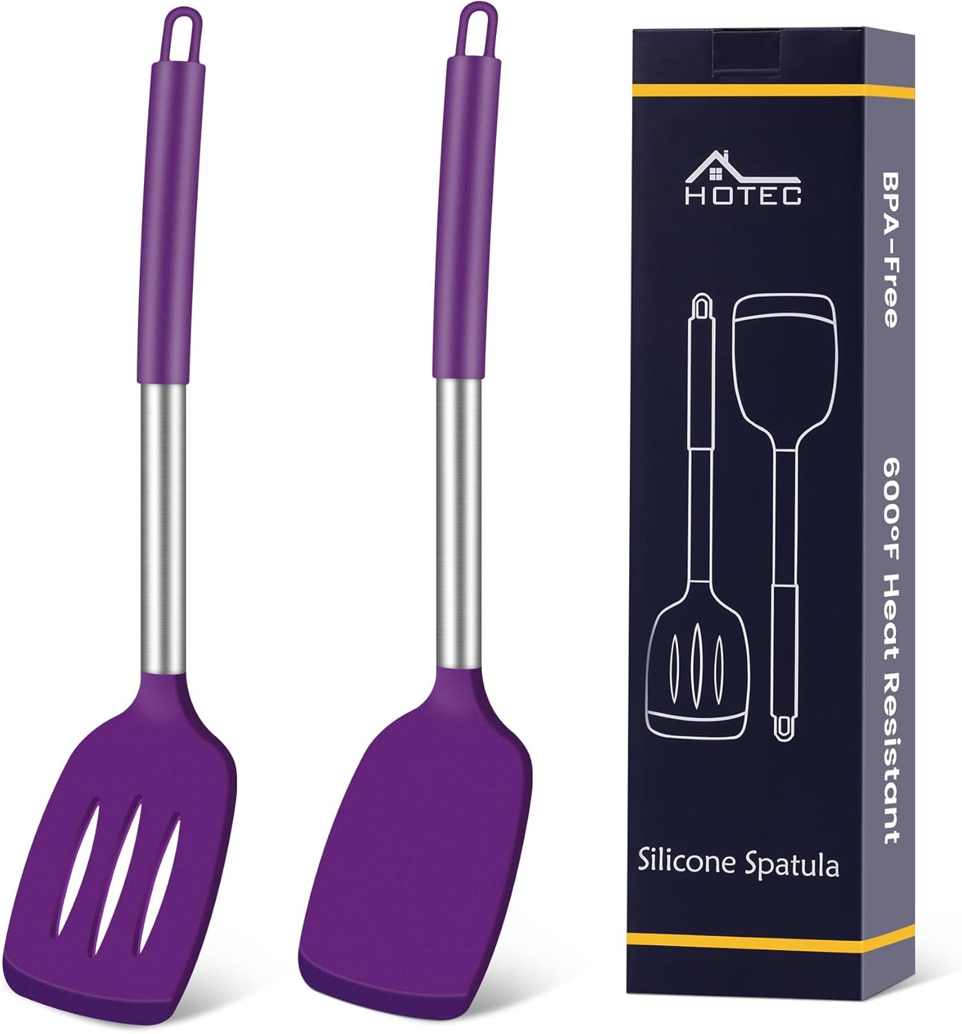 HOTEC Silicone Spatula Set of 2 Heat-Resistant 600°F & BPA-Free Kitchen SaptulaTurner with Stainless Steel Handles, Slotted & Solid Spatulas for Nonstick Cookware, 13.7 Inch, Classic Blue