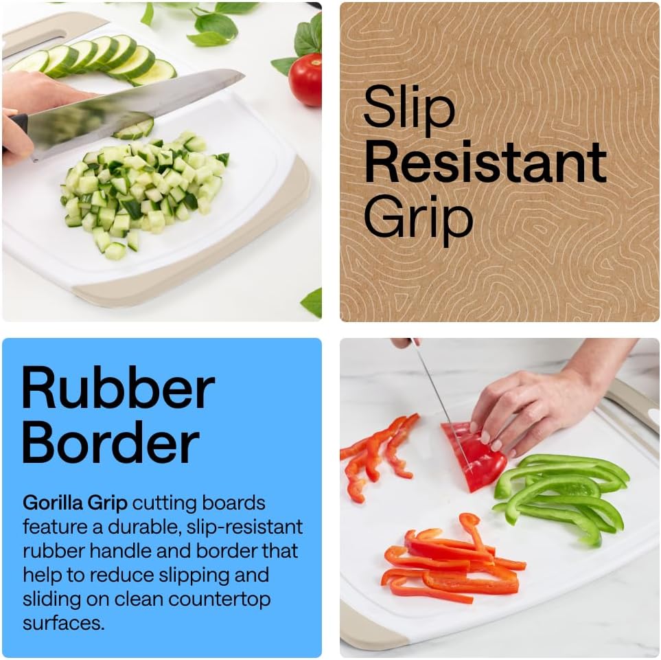 GORILLA GRIP BPA-Free Reversible Kitchen Cutting Board Set of 3, US Designed, Nonporous, Juice Grooves Catch Liquid, Slip Resistant Border, Dishwasher Safe, Durable Large Food Chopping Boards, Black