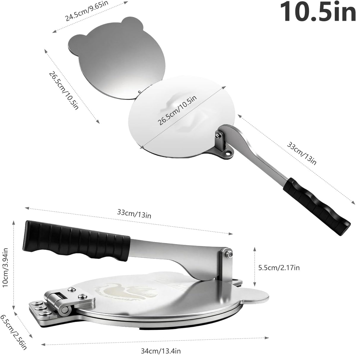 Tortilla Press Stainless Steel，SELERS,Heavy Duty, Adjustable To Press Different Thickness Of Crust, Removable, For Flour Tortilla, Roti, Flatbreads, Taco, Pie, Silver (10.5 inch)