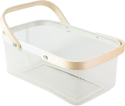 Portable Garden Harvest Basket-Mesh Design Natural Bamboo Handle Wire Storage Baskets,Mesh Basket with Handle Organize Items Reduce Space Occupation,Suitable for Kitchen,Garden,Picnic(Black)