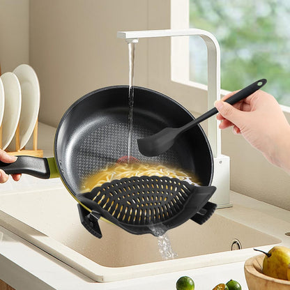 Clip on Silicone Strainer with Scraper, Adjustable Pasta Colander