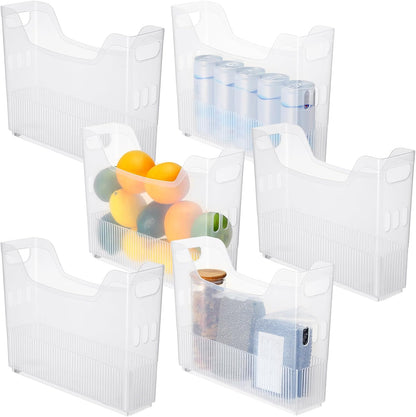 Qunclay 6 Plastic Freezer Organizer Bins with Wheel Set Clear Tall Narrow Kitchen Pantry Organizer Snack Storage Containers for Office Refrigerator(3 Sizes)