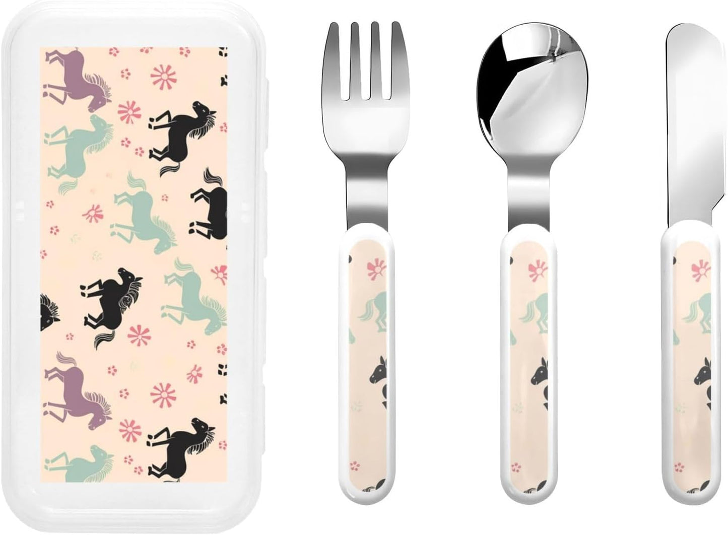 3-Piece Kids Silverware Set, Stainless Steel Reusable Children Safe Knife Spoon Fork Set With Storage Case Cute Horse Children Flatware Set For Kids Lunch Box