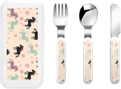 3-Piece Kids Silverware Set, Stainless Steel Reusable Children Safe Knife Spoon Fork Set With Storage Case Cute Horse Children Flatware Set For Kids Lunch Box