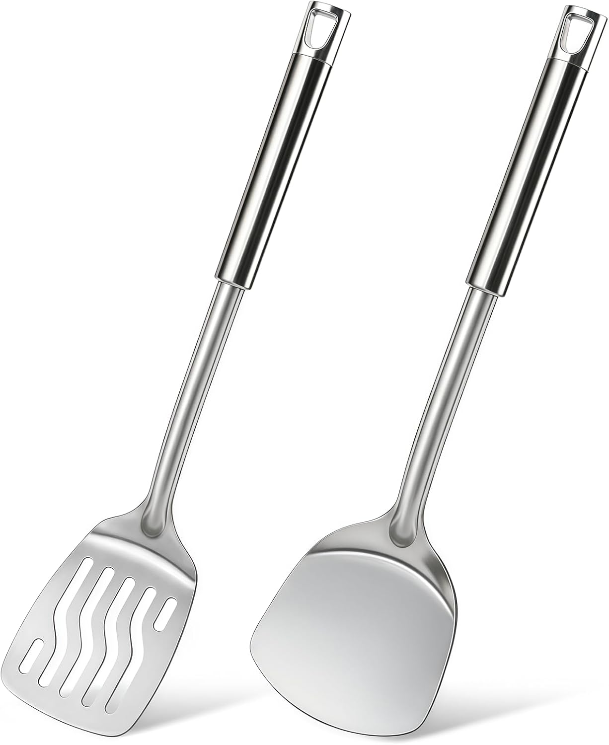 2 Pcs Stainless Steel Spatulas Set, Metal Spatula Solid & Slotted Turner, Heavy Duty Sturdy Spatula for Kitchen Use, High Heat Resistant Cooking Utensils for Fish Eggs Pancakes, Easy to Clean, Silver