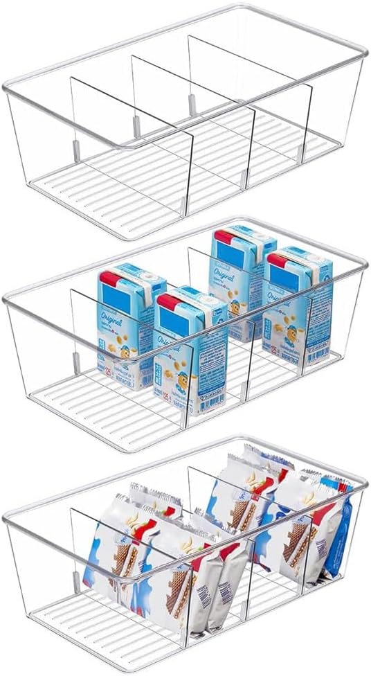 3 Pack Storage Organizer Bins, Plastic Desk Storage Bins Food Storage Organizer with 4 Slots for Pantry, Kitchen, Fridge, Cabinet Packets, Snacks, Pouches, Spice Packets