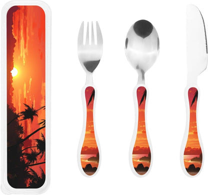 3-Piece Kids Silverware Set With Storage Case, Stainless Steel Reusable Children Safe Knife Spoon Fork Set Tropical Sunset Seaside Children Flatware Set For Kids Lunch Box