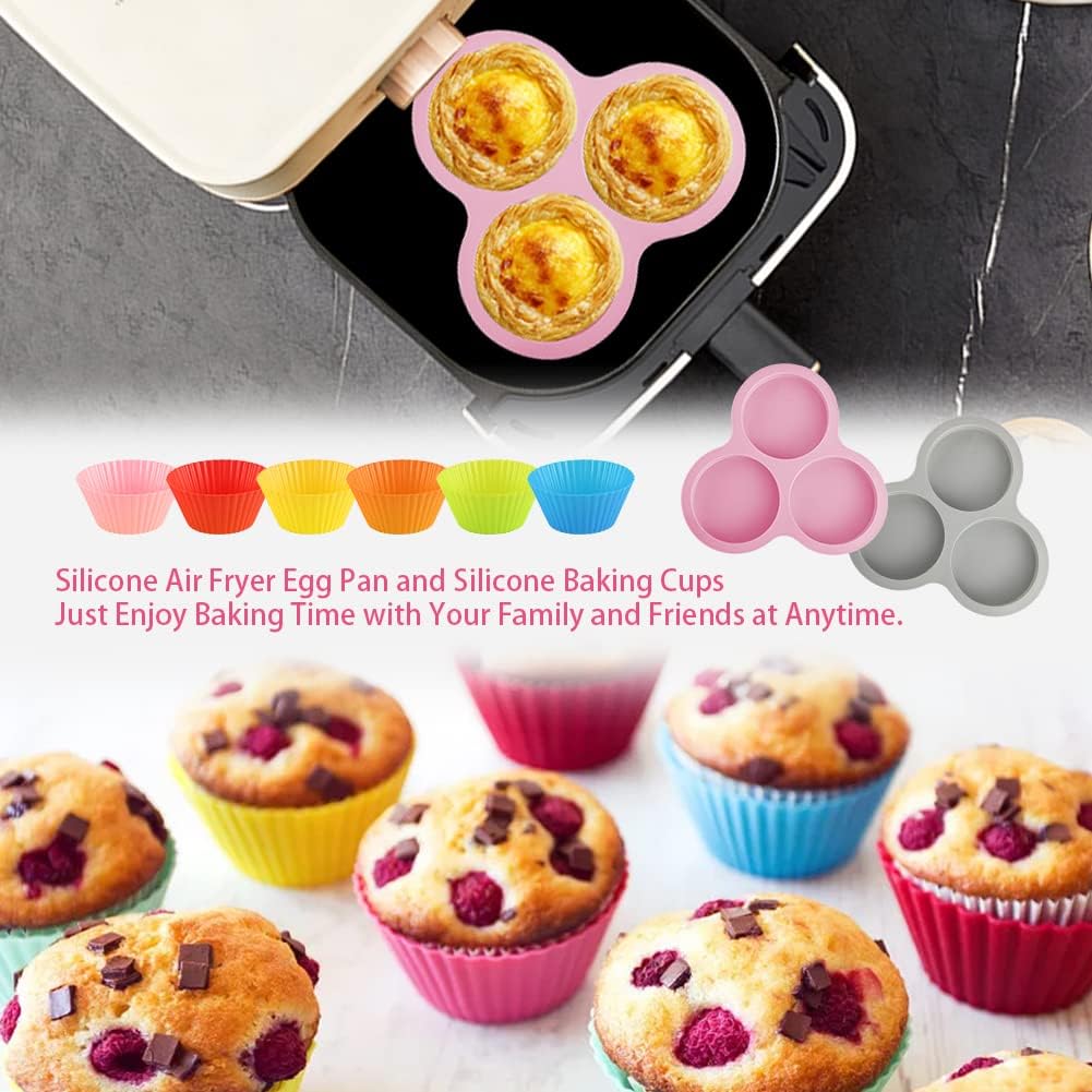 Abnaok 2PCS Egg Bites Silicone Molds with 6 PCS Silicone Cupcake Liners, BPA Free, 4 Inches Round Non-Stick Muffin Top Pan for Breakfast Sandwiches, Egg Bites, Hamburger Buns, Tart, Pancake
