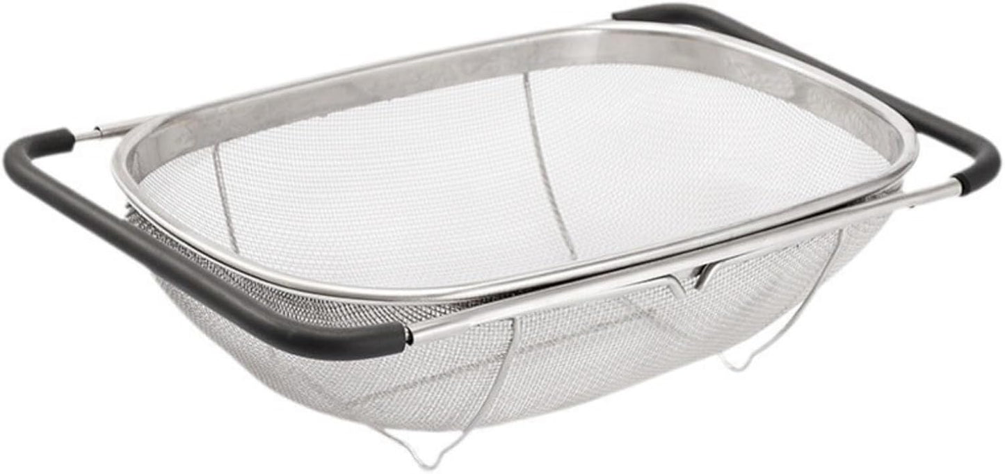 Expandable Strainer Over The Sink Basket, Stainless Steel Colander with Fine Mesh, 4-6Quart Strainer Basket with Rubber Grip Handle for Kitchen, Drain, Rinse Veegetables, Fruits (silver, 6QT)