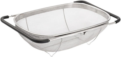 Expandable Strainer Over The Sink Basket, Stainless Steel Colander with Fine Mesh, 4-6Quart Strainer Basket with Rubber Grip Handle for Kitchen, Drain, Rinse Veegetables, Fruits (silver, 6QT)