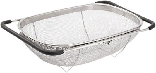 Expandable Strainer Over The Sink Basket, Stainless Steel Colander with Fine Mesh, 4-6Quart Strainer Basket with Rubber Grip Handle for Kitchen, Drain, Rinse Veegetables, Fruits (silver, 6QT)