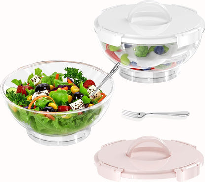 MANO 2pack Large Iced Salad Bowl with Lid and Utensils to Go Ice Chilled Food Serving Containers with Handles for Fruit Veggie Storage for Fridge Refrigerator Party Camping, Picnic, Beige