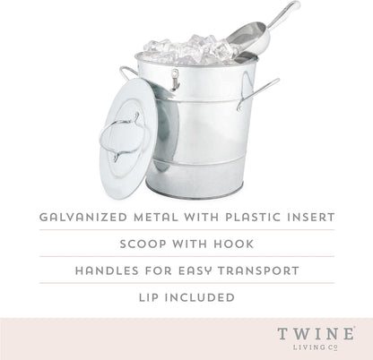 Twine Insulated Ice Bucket with Lid, Scoop & Handles for Beer, Wine, Champagne, Beverages, 1 Gal Galvanized Metal Bucket, Steel Ice Container for BBQs, Indoor & Outdoor Party Supplies, Bar Accessories