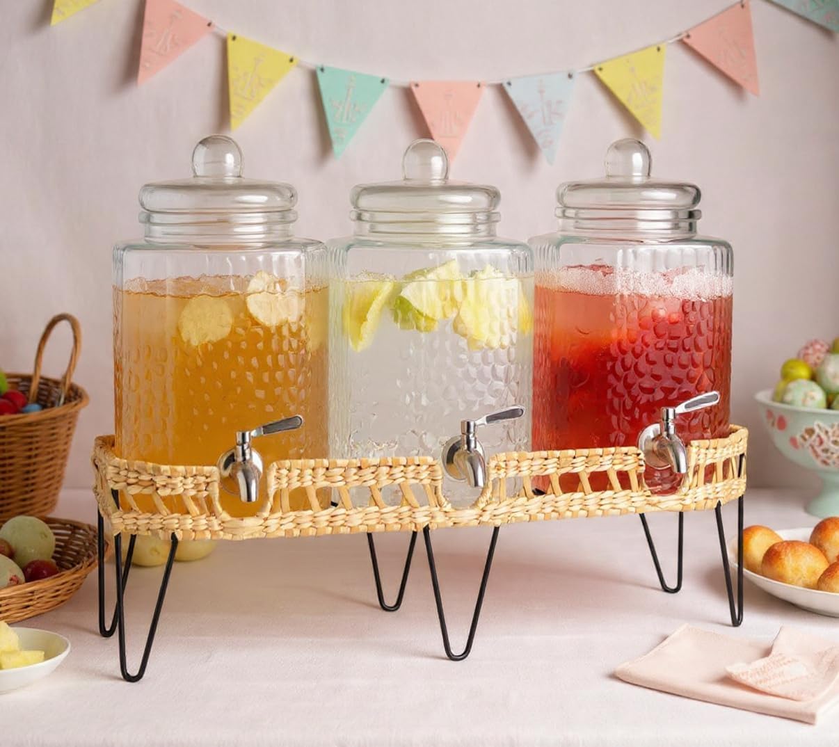 3 Gallon Glass Drink Dispenser with Metal Stand & Lid – Hammered Beverage Dispenser with Leakproof Spigot, Wide Mouth for Easy Fill – Ideal for Parties, Lemonade, Iced Tea, Sangria & More