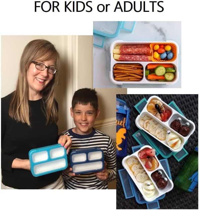 Small Snack Containers for Kids Toddlers - 3 Compartments (Set of 2) - Leak-Proof Reusable Boxes with Lids - BPA-Free Plastic Mini Bento Lunch Box - Holds 2 Cups Capacity (Pastel Blue+Teal Sparkle)
