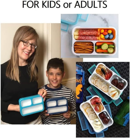 Small Snack Containers for Kids Toddlers - 3 Compartments (Set of 2) - Leak-Proof Reusable Boxes with Lids - BPA-Free Plastic Mini Bento Lunch Box - Holds 2 Cups Capacity (Pastel Blue+Teal Sparkle)
