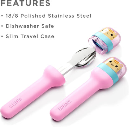 ZOKU Kids Pocket Utensil Set, Kitty - Stainless Steel Fork, Knife, and Spoon in Case - Portable Design for Travel, School, Picnics, Camping and Outdoor Home Use
