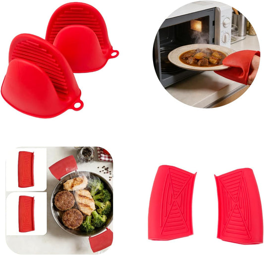 Silicone Heat Resistant Mini Oven Mitts Set – 2 Sets (6-Pack), Pot Handle Covers, Microwave Pinch Mitts & Butterfly-Style Hot Holders, Anti-Scalding Kitchen Cooking & Baking, Red