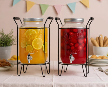 3 Gallon Classic Ice Cold Clear Glass Mason Jug Drink Beverage Dispenser Durable On Galvanized Stand With Leak Free Spigot-Easy Filling For Outdoor, Parties & Daily Use Lid