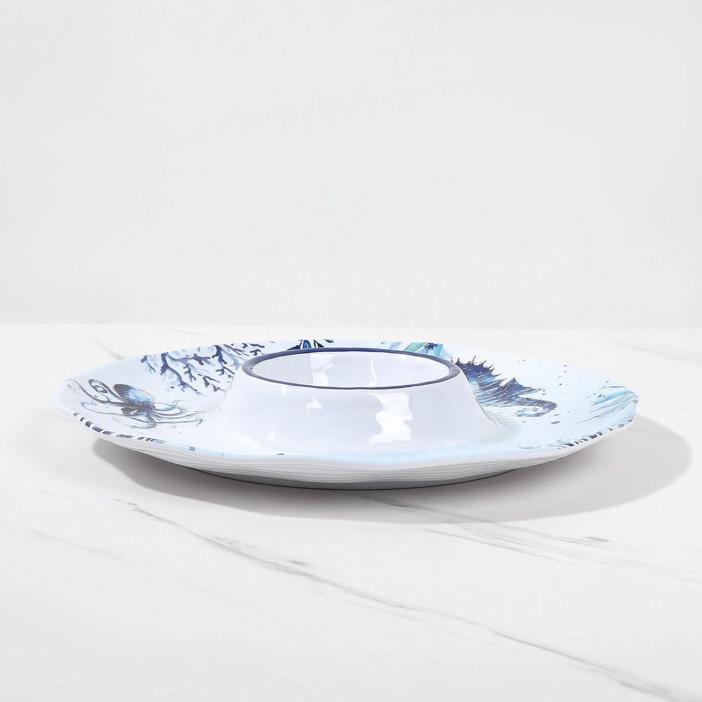 UP Sea Life Melamine Chip and Dip Serving Tray, Round Serving Platter for Chips, Salsa, Fruit, and Snacks, Multicolor, 13.5 Inch
