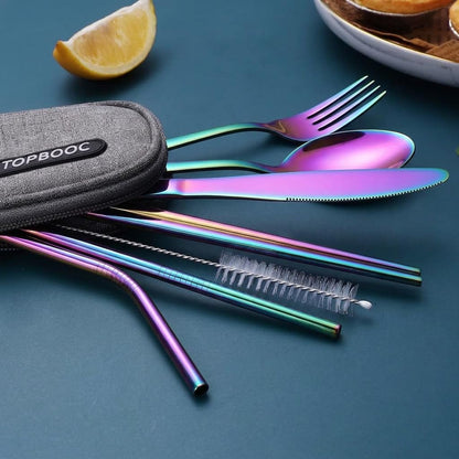 Portable Stainless Steel Flatware Set, Travel Camping Cutlery Set, Portable Utensil Travel Silverware Dinnerware Set with a Waterproof Case (Pink)