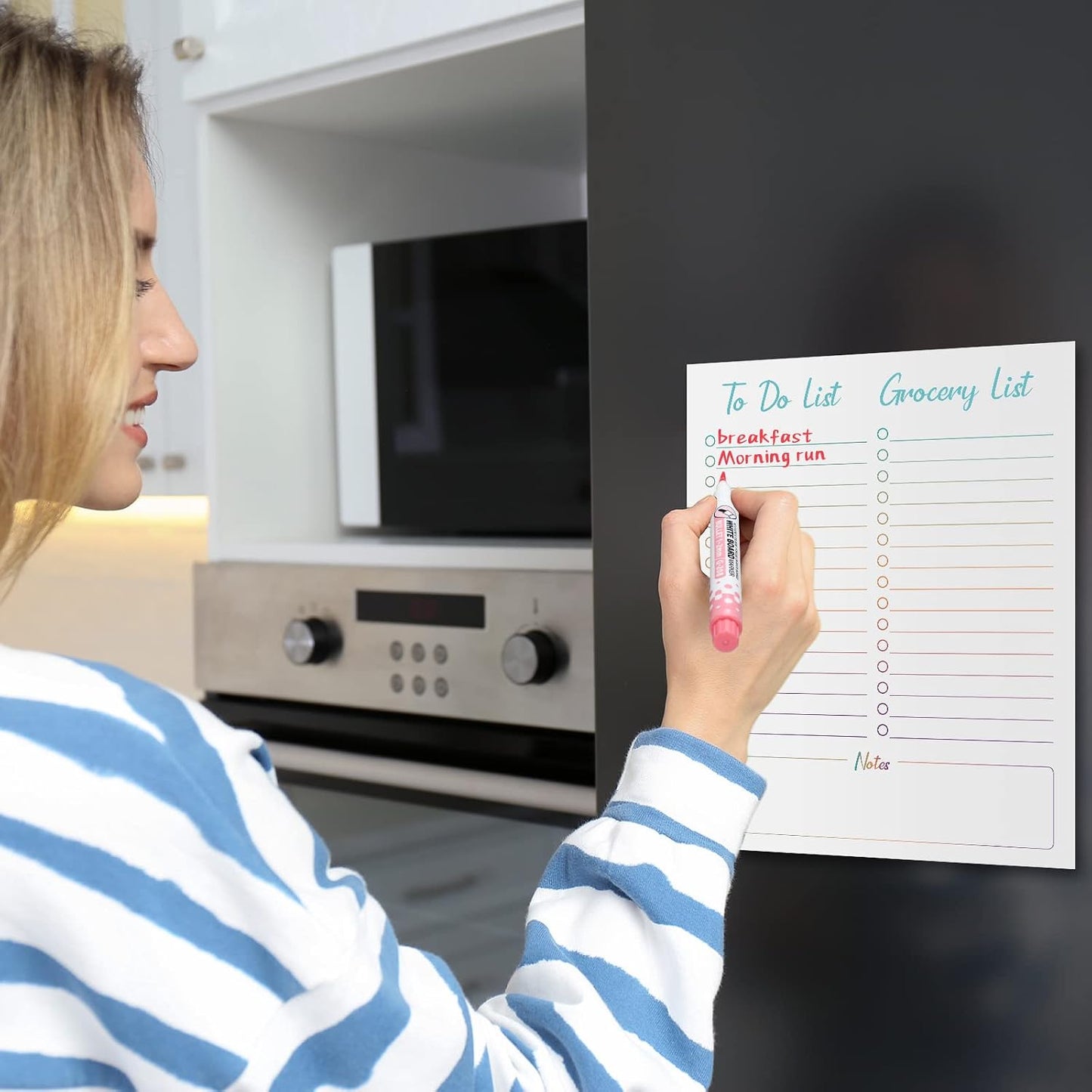Gueevin 2 Pcs Magnetic Dry Erase Grocery List for Fridge 10" x 12" Magnet White Board Sheet with 8 Whiteboard Markers 2 Eraser Reusable for Refrigerator Kitchen Locker Cabinet Door(Black Line)