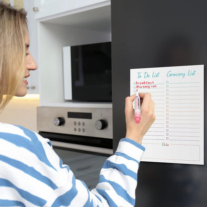 Gueevin 2 Pcs Magnetic Dry Erase Grocery List for Fridge 10" x 12" Magnet White Board Sheet with 8 Whiteboard Markers 2 Eraser Reusable for Refrigerator Kitchen Locker Cabinet Door(Black Line)