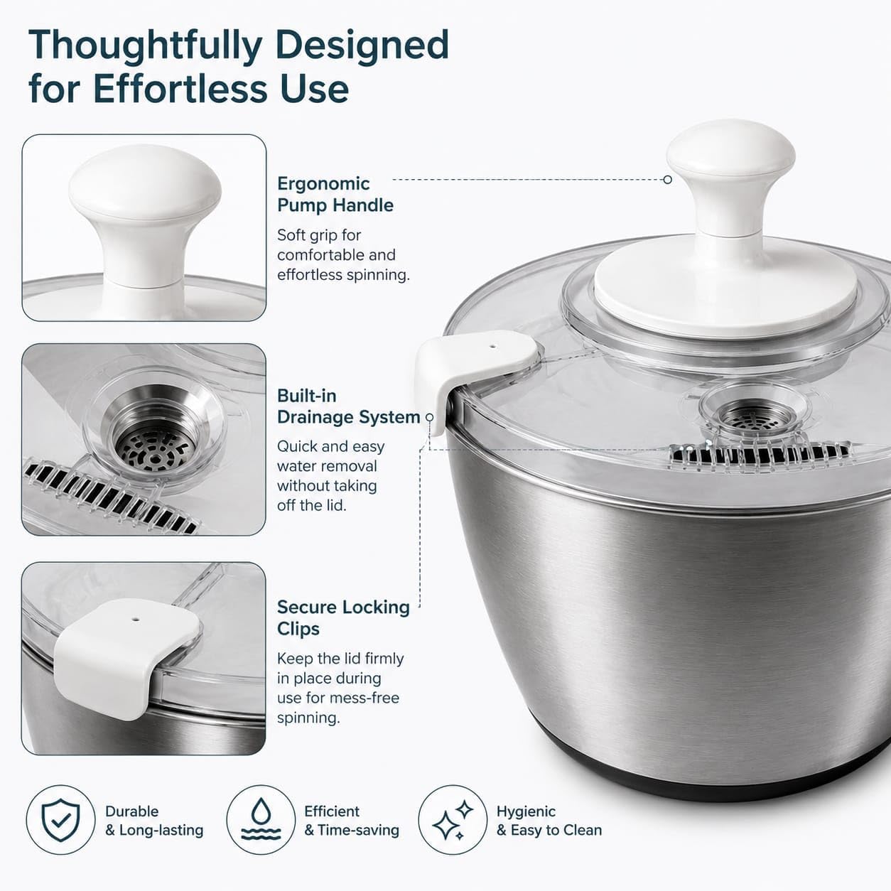 Stainless Steel Salad Spinner Large Capacity 5Qt – Hand Crank Vegetable Washer & Dryer with One-Touch Stop, Drainage Spout, Non-Slip Base – Dishwasher Safe Kitchen Tool for Lettuce & Fruit