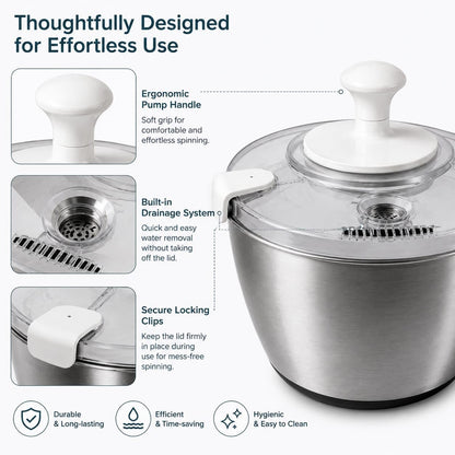 Stainless Steel Salad Spinner Large Capacity 5Qt – Hand Crank Vegetable Washer & Dryer with One-Touch Stop, Drainage Spout, Non-Slip Base – Dishwasher Safe Kitchen Tool for Lettuce & Fruit