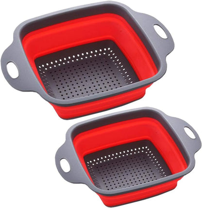 Square Collapsible Colander Set,2 Collapsible Colanders (Strainers) Set By HDHYK - Includes 2 Folding Strainers (red & Grey)