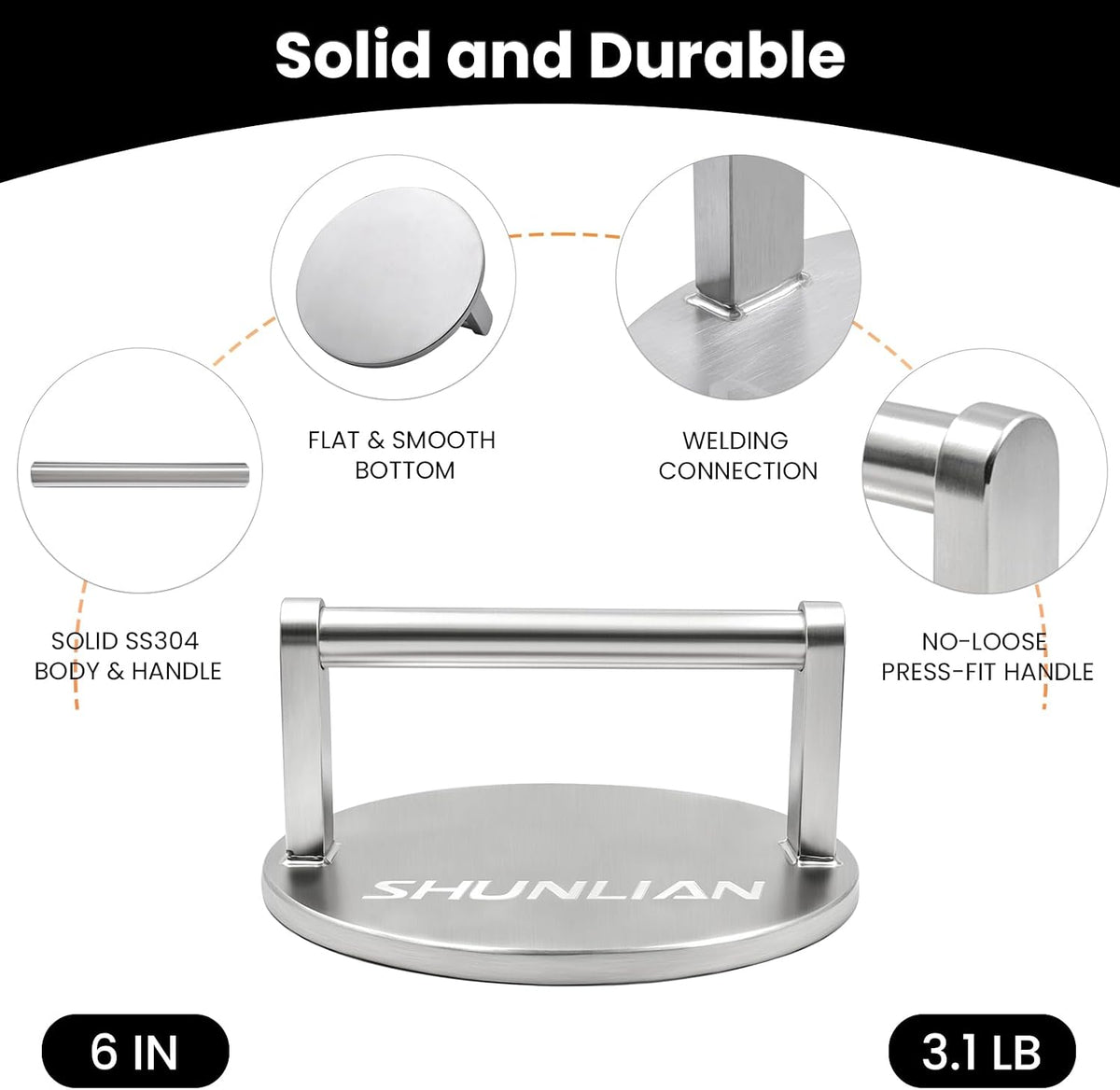 3.1lb Smash Burger Press 6" Stainless Steel Burger Smasher Tool