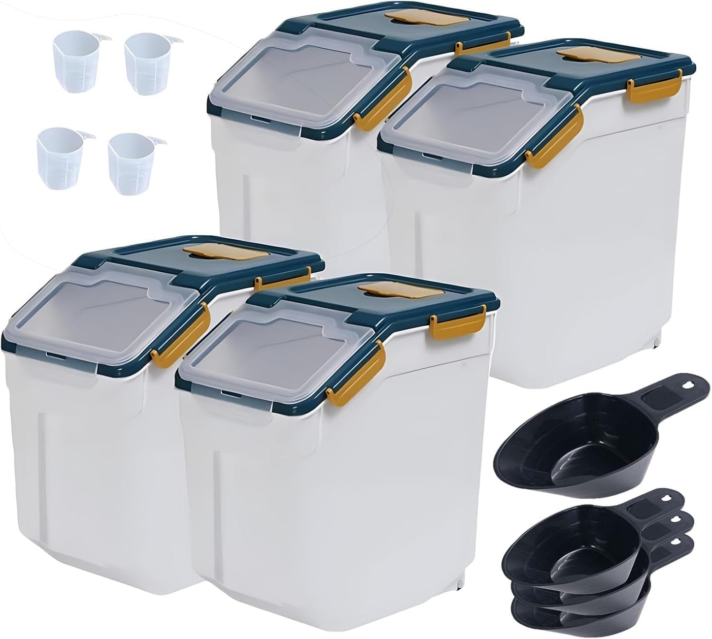 Airtight Rice Container Set 25 lbs, 4 Packs Flour Storage Containers with Wheels Seal Locking Lid, Food Storage Containers BPA Free with Measuring Cup & Scoop for Grain, Rice, Flour (Dark Blue)