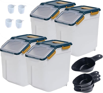 Airtight Rice Container Set 25 lbs, 4 Packs Flour Storage Containers with Wheels Seal Locking Lid, Food Storage Containers BPA Free with Measuring Cup & Scoop for Grain, Rice, Flour (Dark Blue)