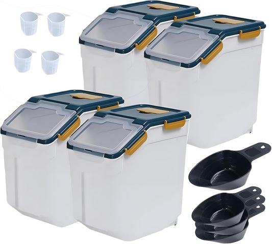 Airtight Rice Container Set 25 lbs, 4 Packs Flour Storage Containers with Wheels Seal Locking Lid, Food Storage Containers BPA Free with Measuring Cup & Scoop for Grain, Rice, Flour (Dark Blue)
