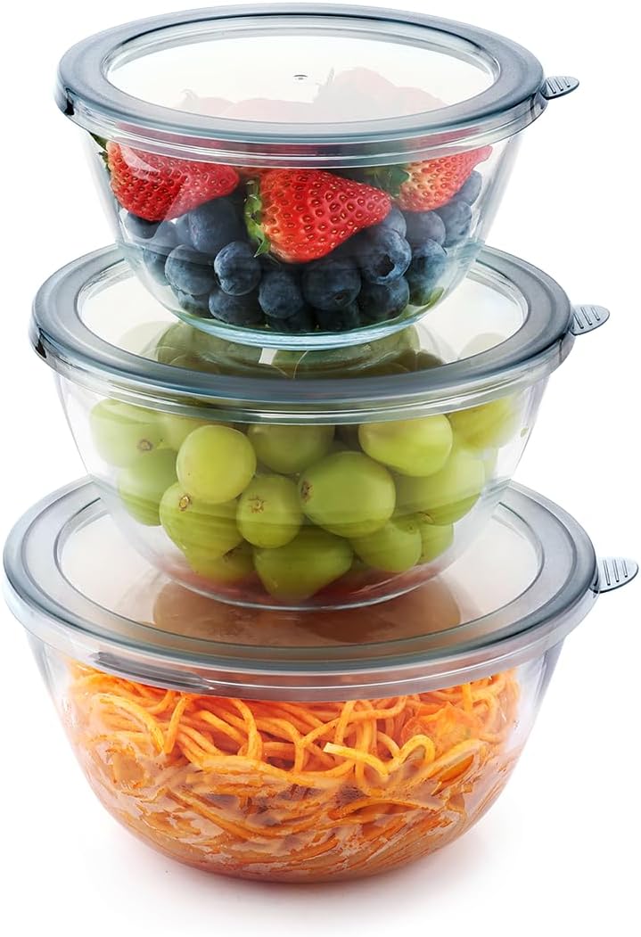 Cuiselect 5pc Glass Mixing Bowls with Lids Set (4.65QT, 2.80QT, 1.64QT, 1.16QT, 0.85QT), Nesting Salad Bowl, Large Glass Mixing Bowl for Cooking, Baking, Prepping-Dishwasher Microwave Freezer Safe