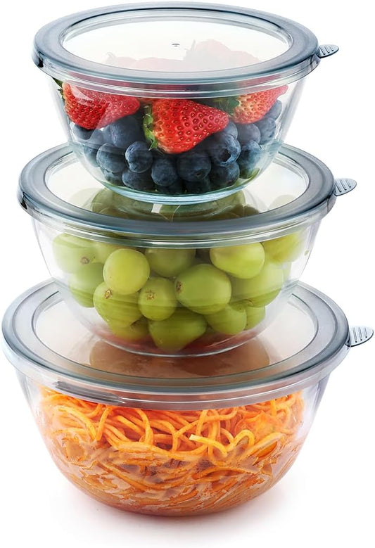 Cuiselect 5pc Glass Mixing Bowls with Lids Set (4.65QT, 2.80QT, 1.64QT, 1.16QT, 0.85QT), Nesting Salad Bowl, Large Glass Mixing Bowl for Cooking, Baking, Prepping-Dishwasher Microwave Freezer Safe