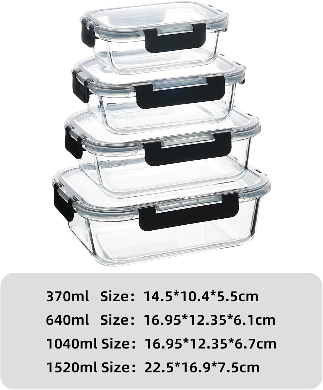 Glass Food Storage Containers with Airtight Locking Lids, 4-Piece Set, Nesting Design