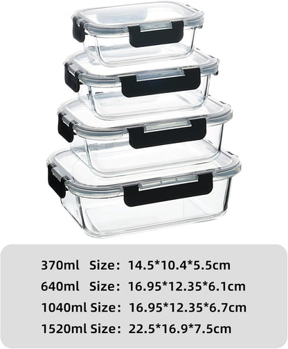 Glass Food Storage Containers with Airtight Locking Lids, 4-Piece Set, Nesting Design