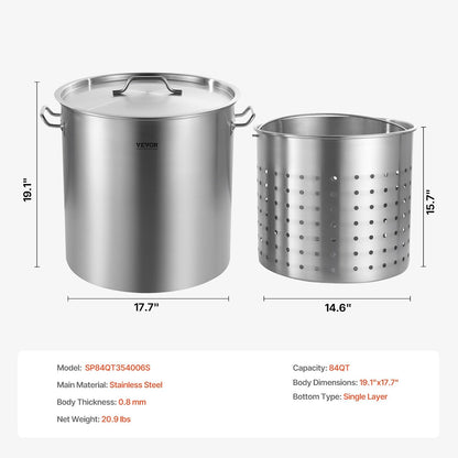 VEVOR Stainless Steel Stockpot, 42 Quart Large Cooking Pots, Cookware Sauce Pot with Strainer, Lid, and Handle, Heavy Duty Commercial Grade Stock Pot, Sanding Treatment, for Large Groups Events Silver