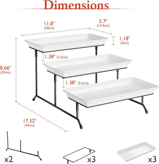 3-Tier Melamine Serving Tray Set, 11.5" x 5.6" Platters for Serving Food, Black Reusable Trays with Black Metal Display Stand for Cupcakes, Sevring Food, Dessert, Fruit, Cookie, Gold