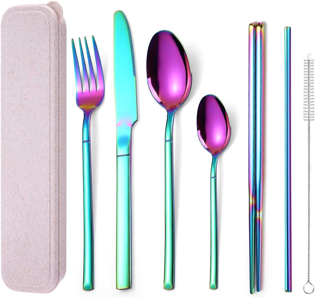 AARAINBOW 7 Pieces Stainless Steel Flatware Set Portable Reusable Cutlery Set Travel Utensils Set Including Chopsticks Knife Fork Spoon Straws Cleaning Brush Dishwasher Safe (Pink Golden)