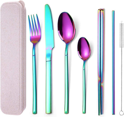 AARAINBOW 7 Pieces Stainless Steel Flatware Set Portable Reusable Cutlery Set Travel Utensils Set Including Chopsticks Knife Fork Spoon Straws Cleaning Brush Dishwasher Safe (Pink Golden)
